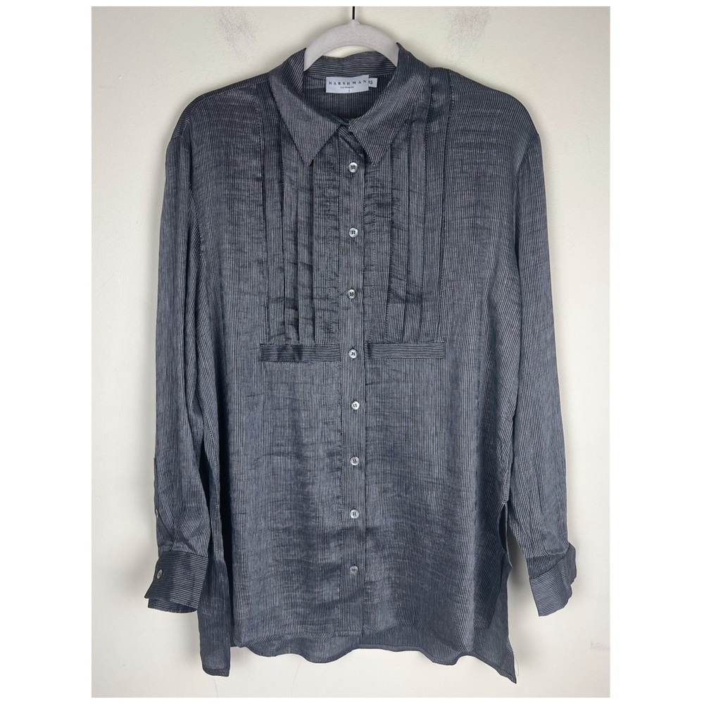 Harshman | Silk & Linen Quiet Luxury Drea Tunic Top Charcoal Stripes | XS - Picture 5 of 14